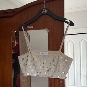 Embellished Beige Crop Tank Top